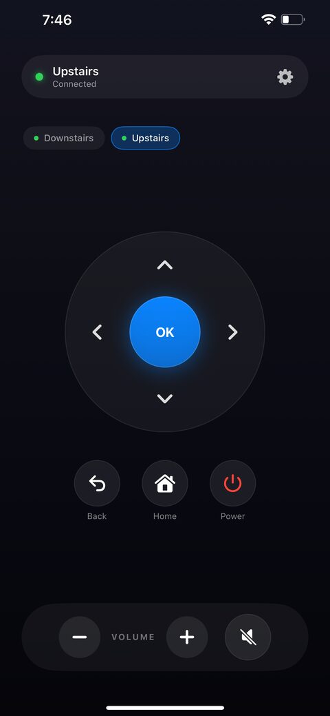 Breeze remote screen with Downstairs and Upstairs TVs to switch between