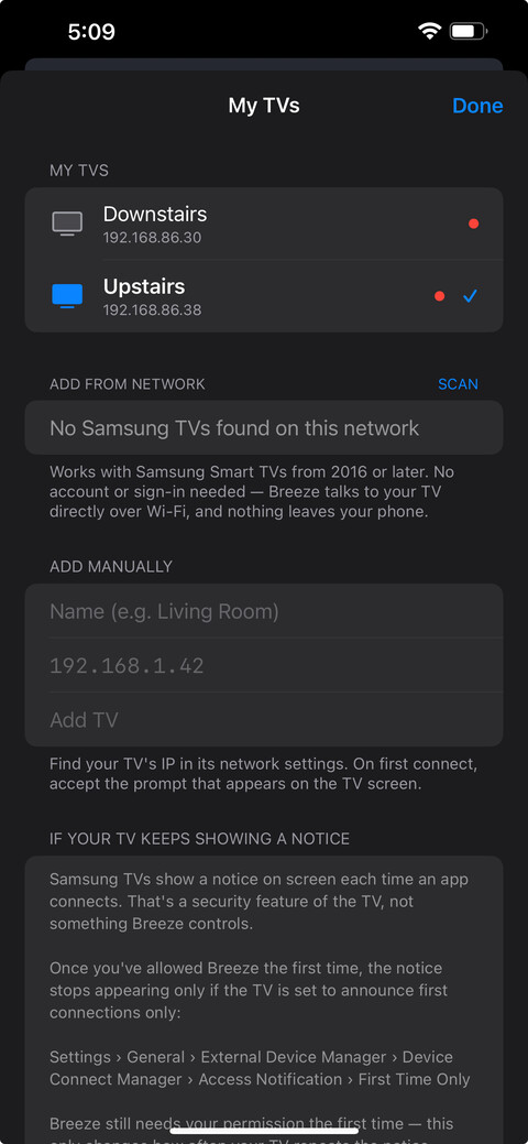 Breeze scanning the network for Samsung TVs, with an option to add one manually
