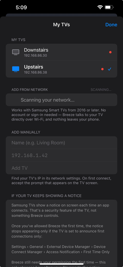 Breeze list of saved TVs, showing which are online