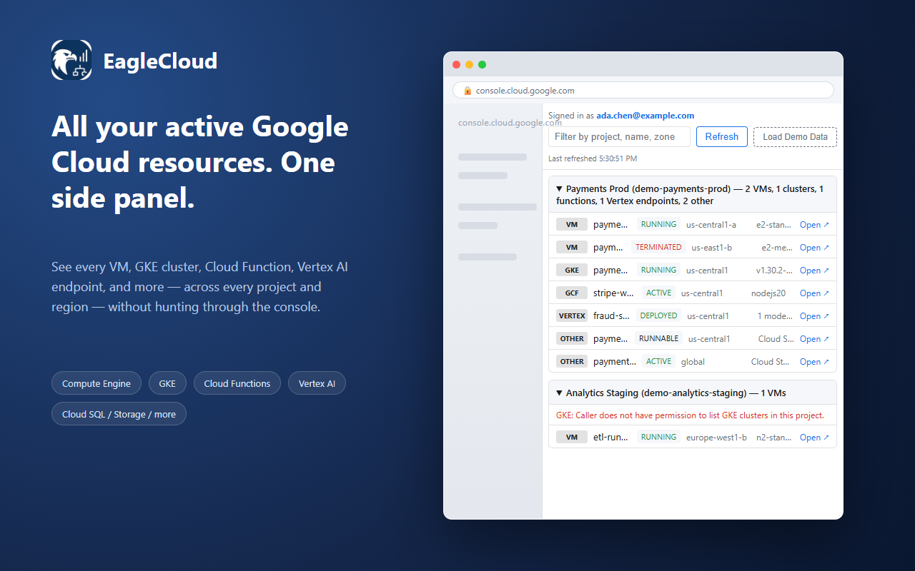 EagleCloud side panel showing Google Cloud resources across projects