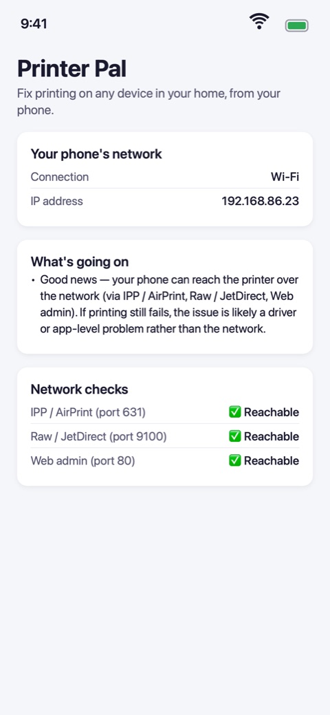 Printer Pal showing the phone's network details and a diagnosis confirming the printer is reachable on all three ports