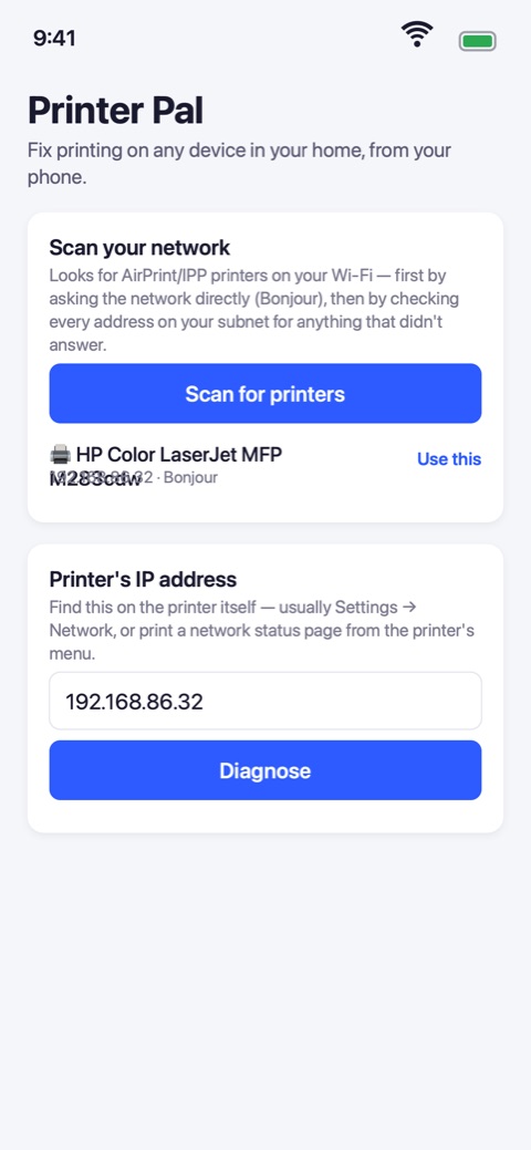Printer Pal finding an HP Color LaserJet on the network by name, with its IP address filled in automatically