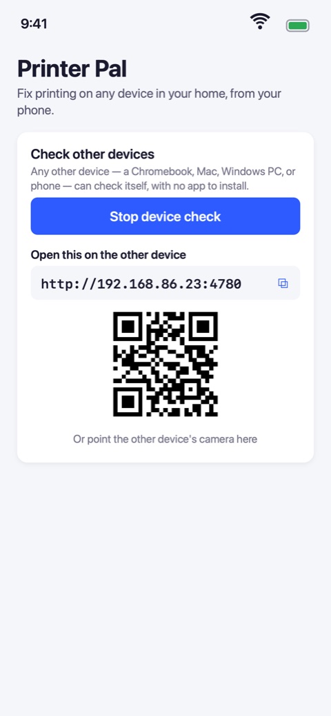Printer Pal sharing a link and QR code so another device can check itself in a browser