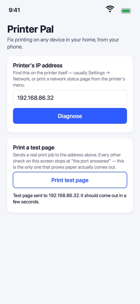 Printer Pal sending a real test page to the printer and confirming it was accepted