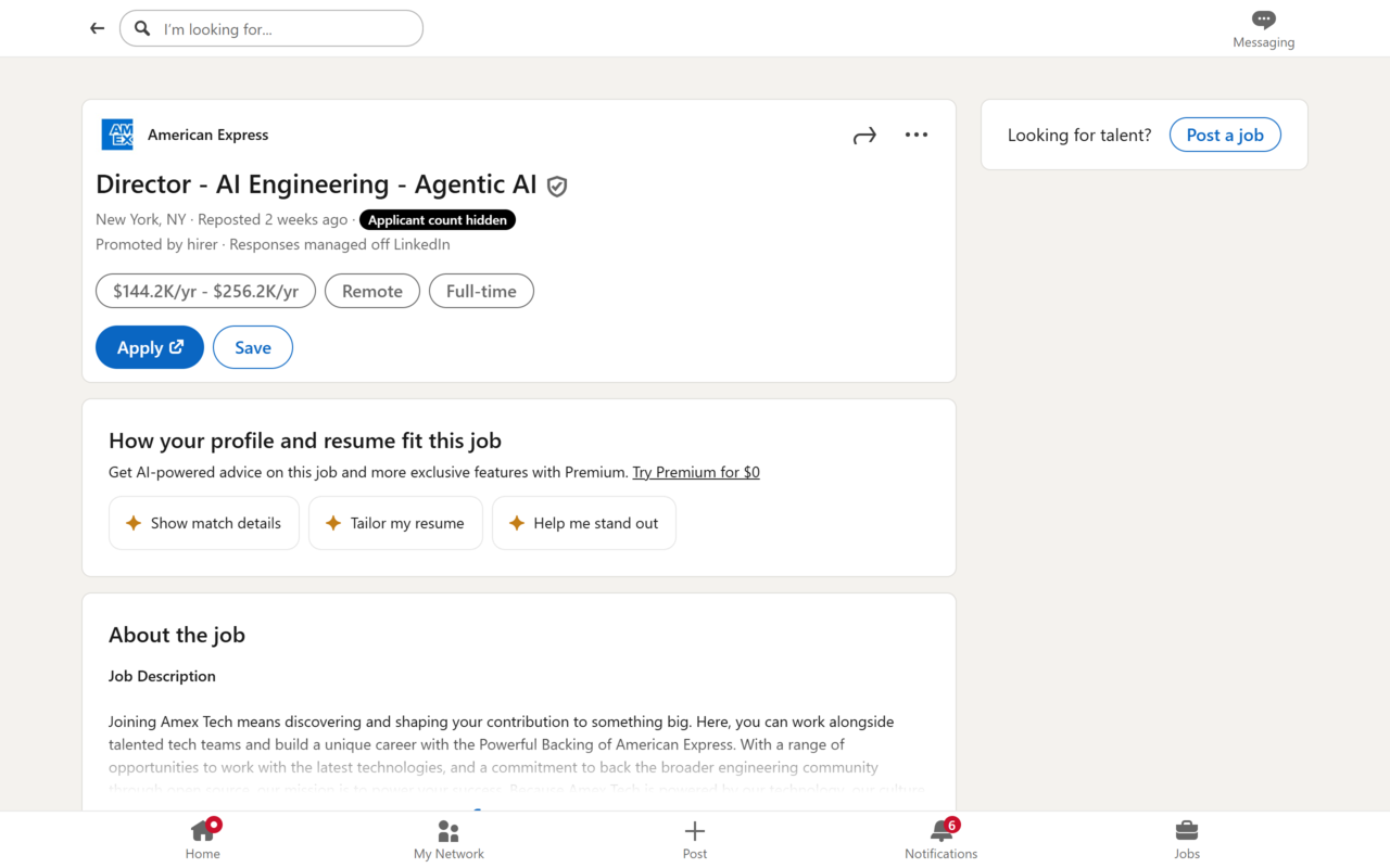 LinkedIn job posting with the applicant count replaced by an Applicant count hidden label