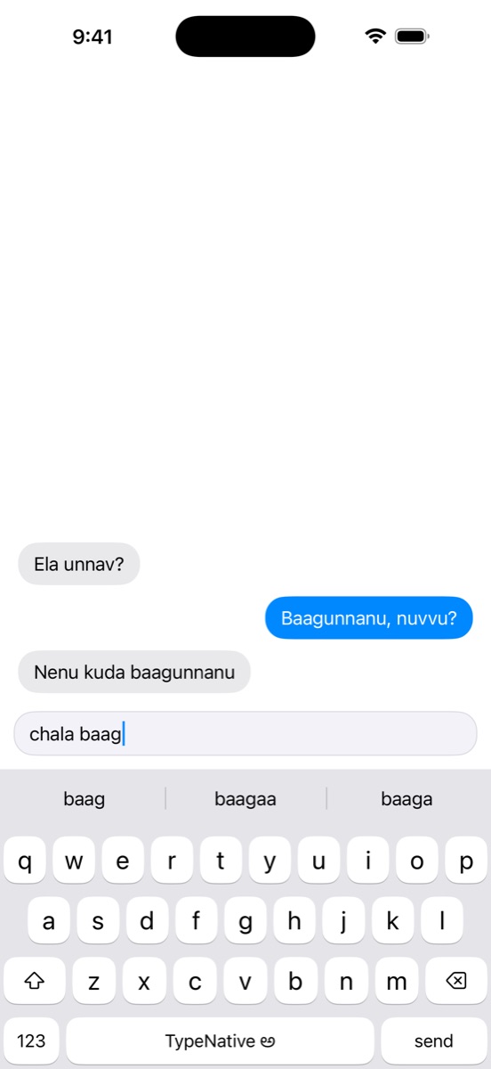 Typing chala baag in a message, with baag, baagaa and baaga offered above the keys