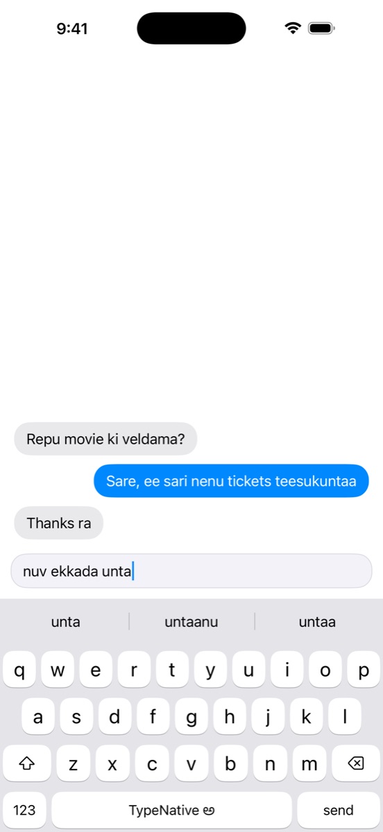 Typing nuv ekkada unta, with unta, untaanu and untaa offered above the keys