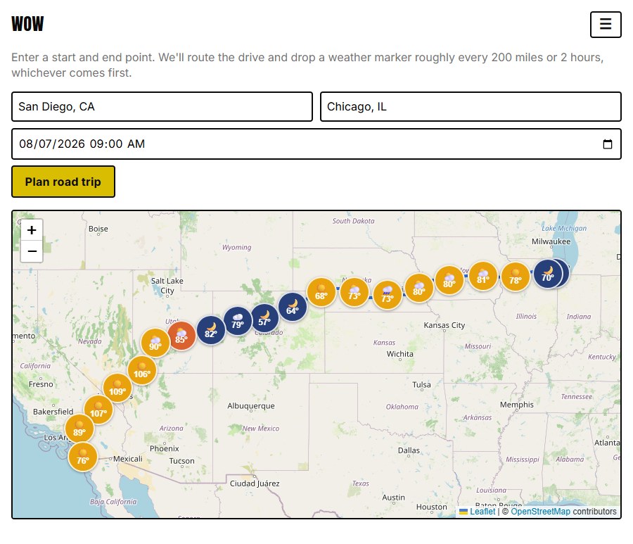 WOW showing a road trip planned from San Diego, CA to Chicago, IL, with color-coded weather markers showing temperature and conditions at each stop along the route