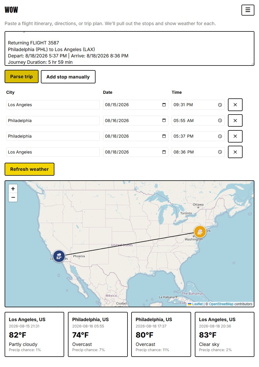 WOW showing a pasted round-trip flight itinerary between Los Angeles and Philadelphia, parsed into four stops each with its own forecast, including the two legs through Philadelphia getting separate weather
