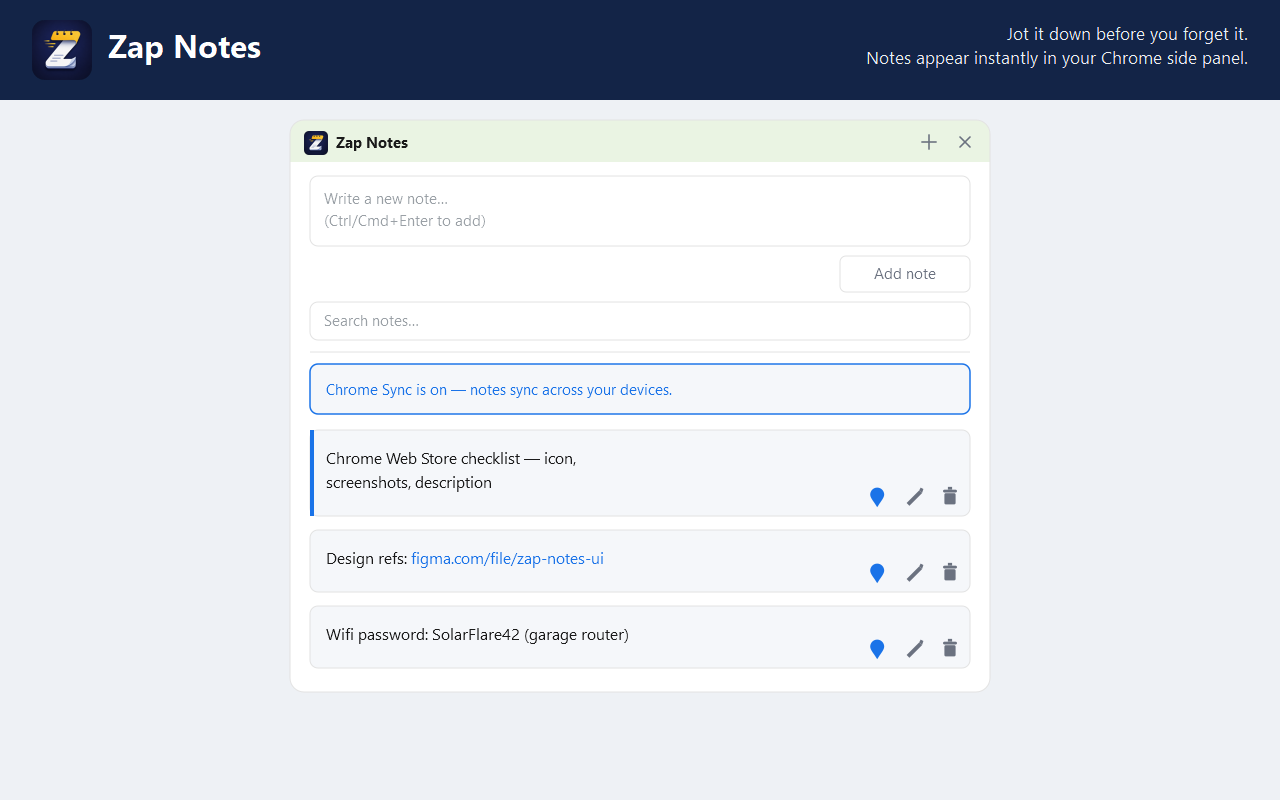 Zap Notes side panel showing a list of saved notes with Chrome Sync on