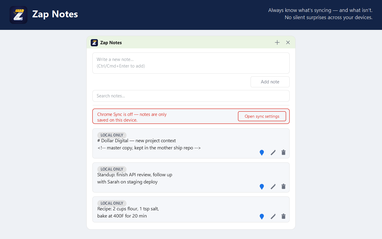 Zap Notes side panel showing the Chrome Sync status banner and notes marked local-only